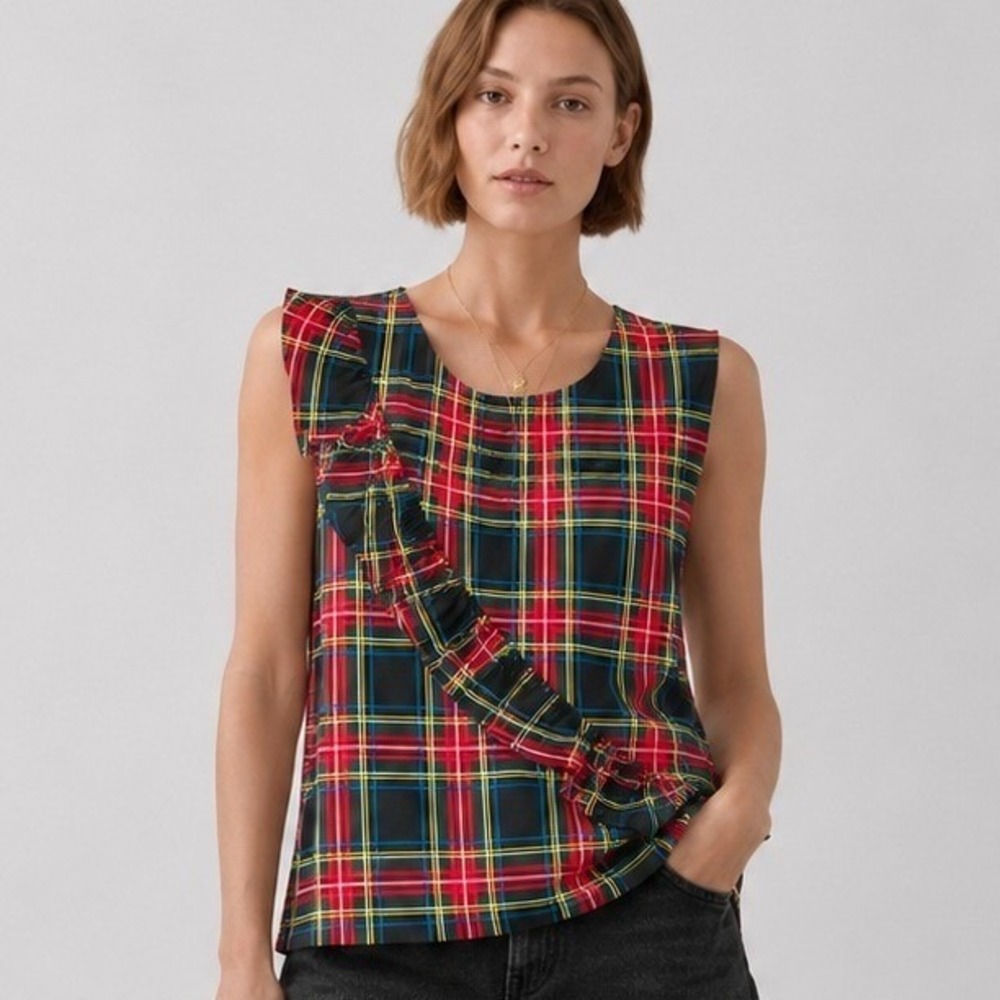 J.Crew Womens Plaid Ruffle Front Sleeveless Top Red Green Tartan Size 12 G9246